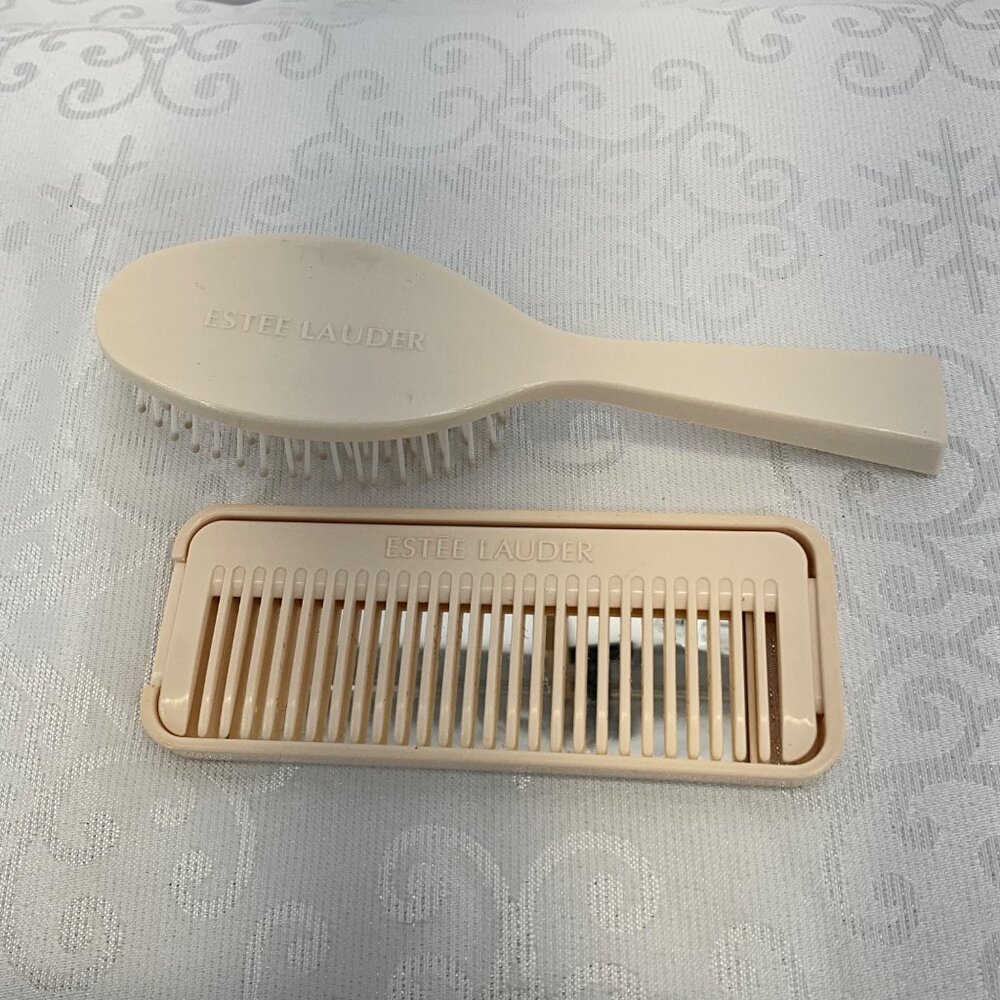 Vintage Estee Lauder Beige Hair‎ Brush & Comb Set With Mirror